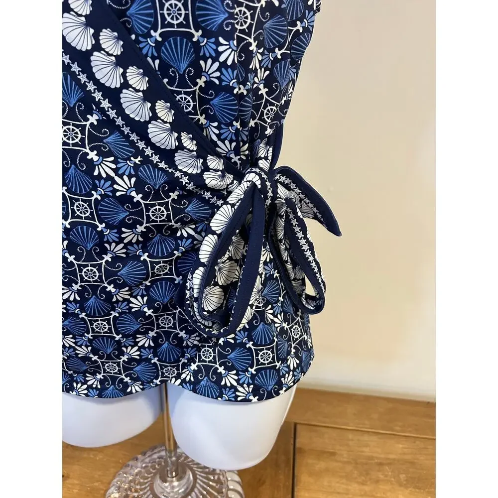 Lands' End Sz 12 Mini Swim Tankini Seashell Geo Navy Side Tie Summer Beach NWT